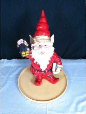 Gnome Figure Statue In Red Suit And Green Pants Holding Book Lantern